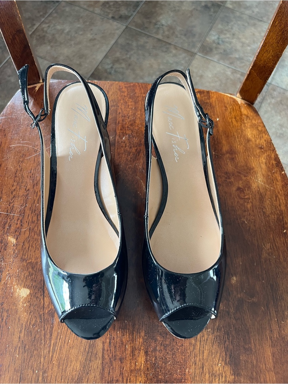 Marc Fisher Black Patent Peep-Toe Slingback Heels